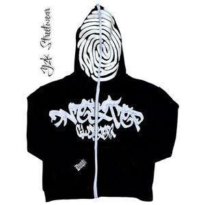 Y2K Black SZ S Irregular Pattern Gothic Punk Full Zip-Up Hoodie Jacket